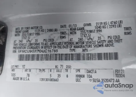 2013 Ford Escape Se из США, поврежденный, VIN 1FMCU9GX7DUC16785